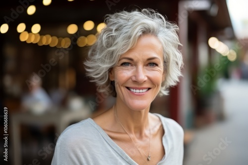 Portrait of a smiling senior woman standing in a restaurant terrace