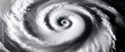 Spiral hurricane from space, massive storm system, swirling clouds, black and white satellite image, atmospheric vortex, extreme weather, eye of the storm, cosmic perspective, dramatic contrast, turbu photo