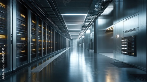 An empty hallway with rows of server racks on one side, with a bright white light at the end of the hall.