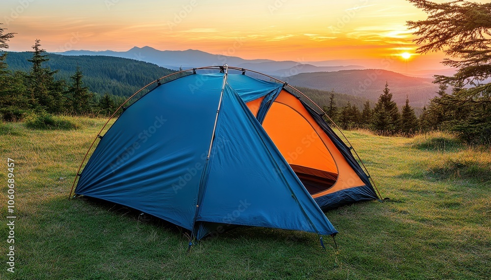 Camping in the mountains at sunset with a tent amidst the serene landscape Camping in the mountains at sunset with a tent amidst the serene landscape