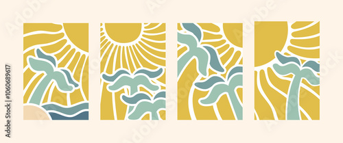 boho groovy palm tree beach sun sea. Surf club vacation and sunny summer day aesthetic . Vector illustration background in trendy retro naive simple style.