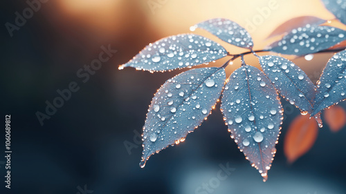 Soft macro shot of leaves with dewdrops reflecting morning light