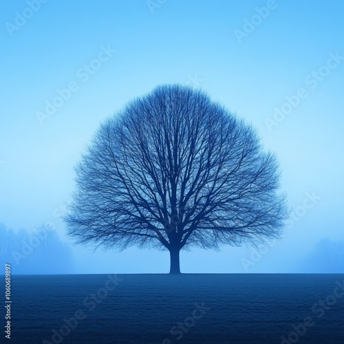 A lone bare tree stands in a misty field against a blue sky.