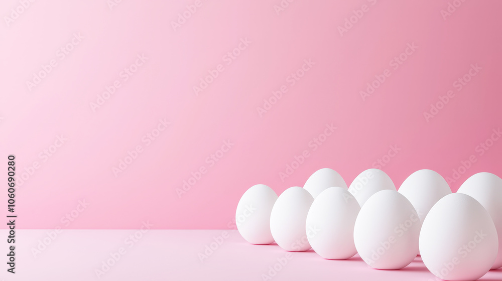 Fototapeta premium White eggs are neatly aligned against a soft pink background, creating a calming and minimalistic visual effect ideal for various themes