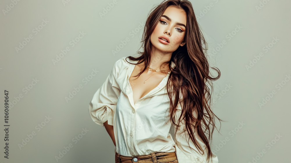 Casual Glamour: Fashion model with brunette hair, wearing casual pants and a party dress. Features glamour style with accessories and a skinny body shape, suited for studio Casual Glamour: Fashion model with brunette hair, wearing casual pants and a party dress. Features glamour style with accessories and a skinny body shape, suited for studio