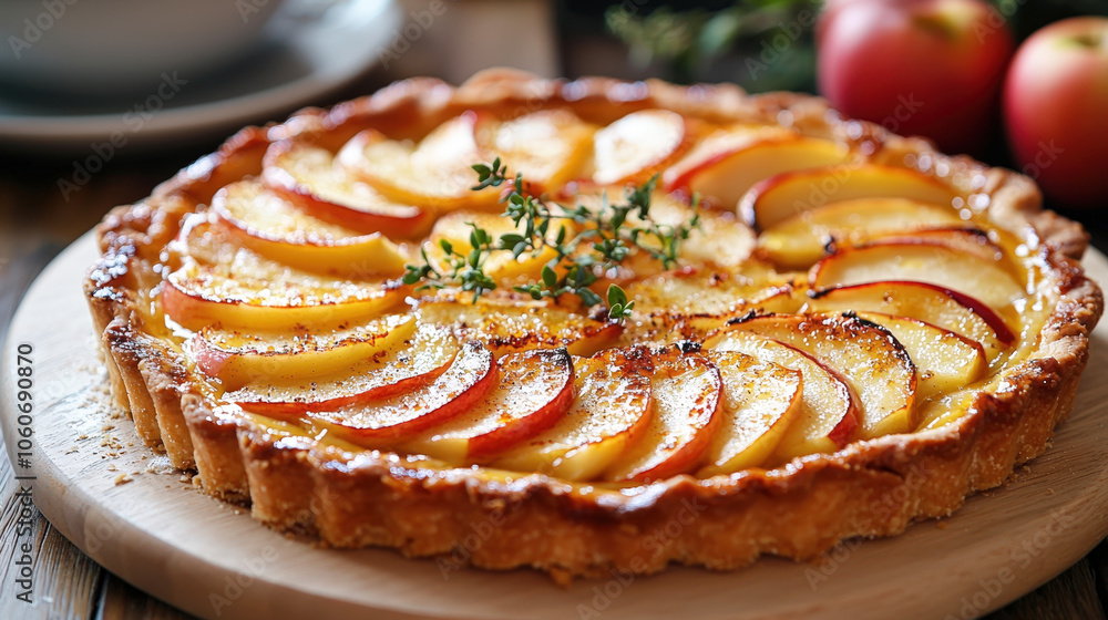 A freshly baked apple tart, garnished with thyme, showcases ripe apple slices arranged in an appealing pattern on a wooden surface A freshly baked apple tart, garnished with thyme, showcases ripe apple slices arranged in an appealing pattern on a wooden surface