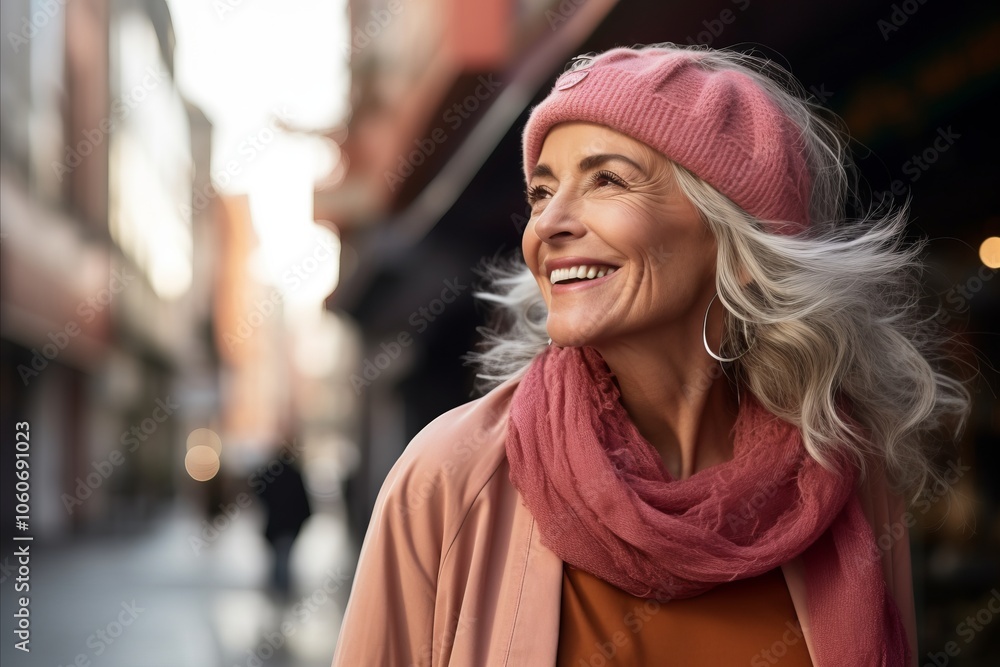 smiling senior woman in hat and scarf walking on street in city smiling senior woman in hat and scarf walking on street in city
