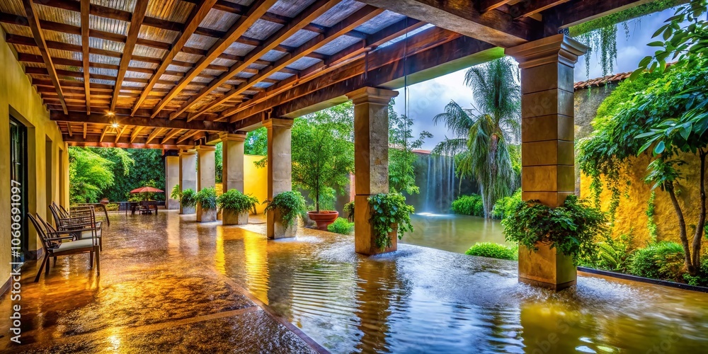 Rainwater Flooding Under a Covered Patio: Captivating Architectural Photography of Water Accumulation, Design Elements, and Structural Features in a Residential Setting Rainwater Flooding Under a Covered Patio: Captivating Architectural Photography of Water Accumulation, Design Elements, and Structural Features in a Residential Setting