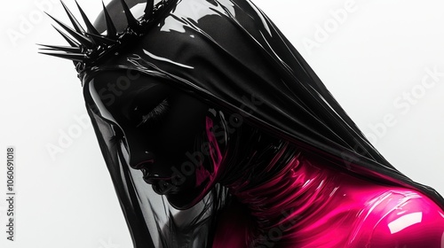 Profile of a woman with a crown wearing a black latex mask and veil