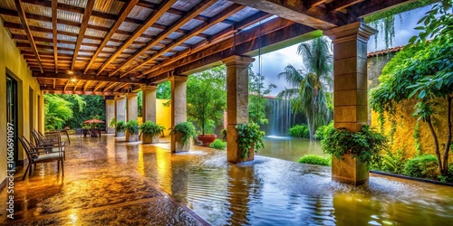 Rainwater Flooding Under a Covered Patio: Captivating Architectural Photography of Water Accumulation, Design Elements, and Structural Features in a Residential Setting