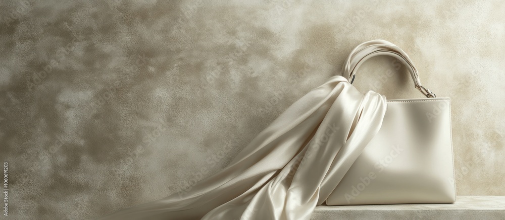 A white leather handbag with a satin scarf draped over it, sitting on a textured off-white background. A white leather handbag with a satin scarf draped over it, sitting on a textured off-white background.