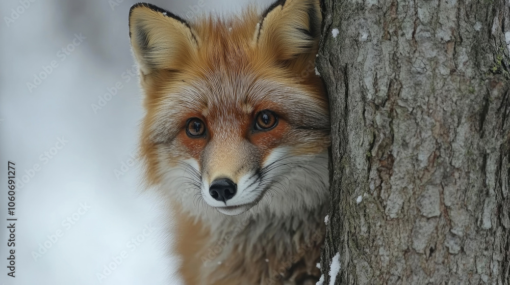 Fototapeta premium A red fox cautiously peers around a tree trunk in a snowy forest, showcasing its vibrant fur in the winter landscape
