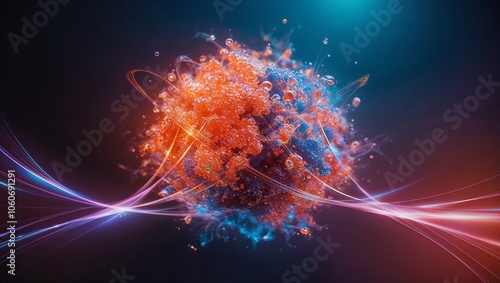 A vibrant representation of a viral structure with colorful elements surrounded by dynamic light trails in a dark background