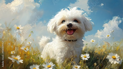 White Maltese puppy in a daisy field with blue sky