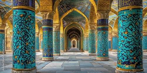Ornate Columns of a Persian Mosque with Turquoise and Gold Mosaic Tiles