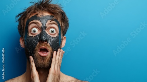 Surprised man with skincare face mask on blue background