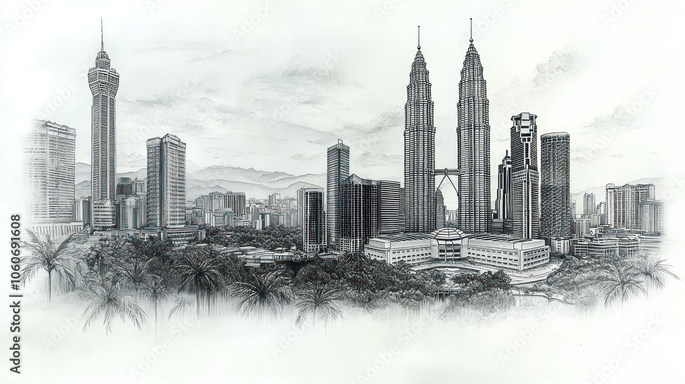 Fototapeta premium A pencil drawing in a sketchbook of the Kuala Lumpur skyline, focusing on the Petronas Towers
