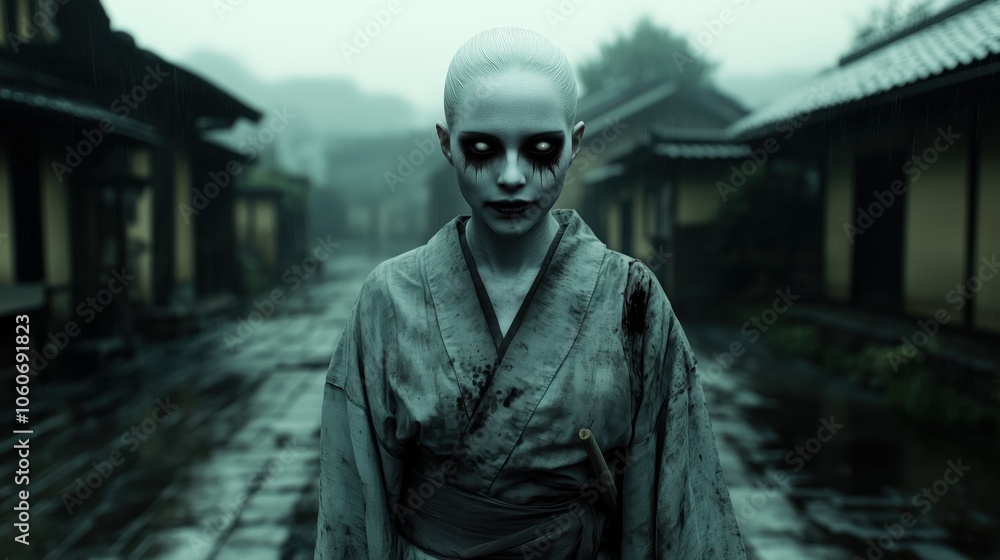 Pale ghostly woman in traditional Kimono on a rainy Japanese street Pale ghostly woman in traditional Kimono on a rainy Japanese street