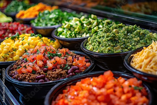 Close-up of various ingredients for a meal in black bowls