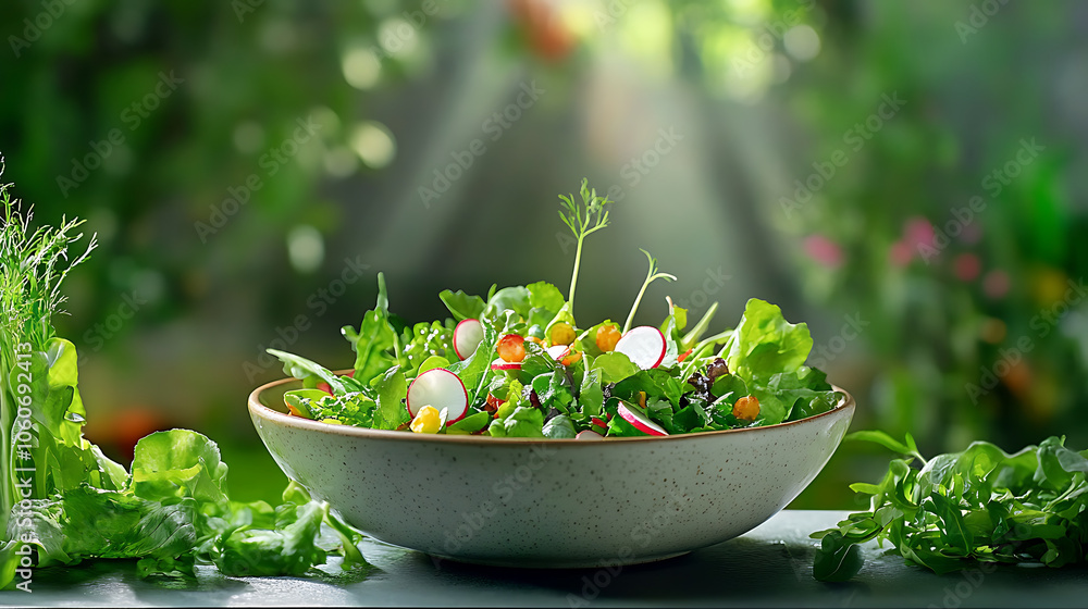 Fresh salad bowl with local greens, radishes, and seeds, vibrant and healthy Fresh salad bowl with local greens, radishes, and seeds, vibrant and healthy