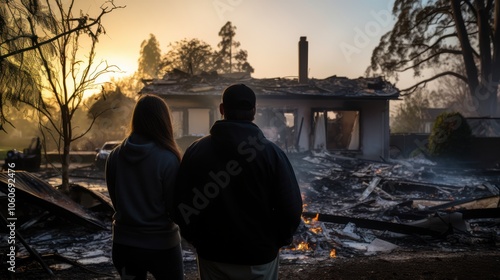 Two people stand silently before a smoldering house in early light, contemplating the impact of the overnight blaze.