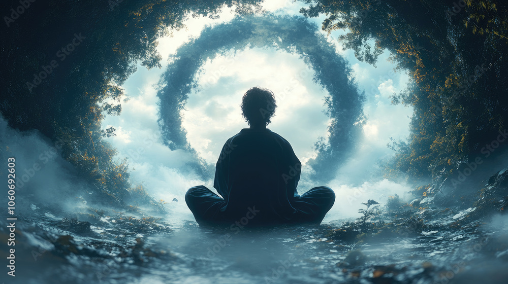 A person sits cross-legged in a serene forest, surrounded by swirling mist and magical rings that reflect the soft morning light A person sits cross-legged in a serene forest, surrounded by swirling mist and magical rings that reflect the soft morning light