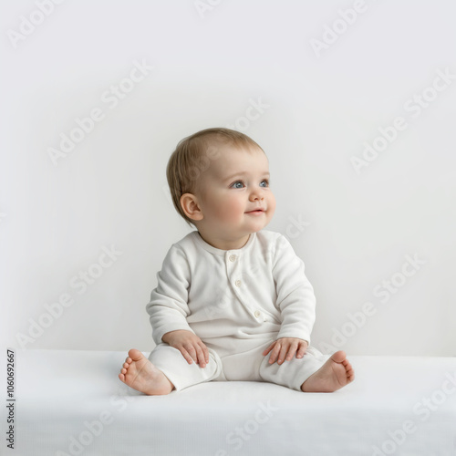 Cute baby in white clothes on white background