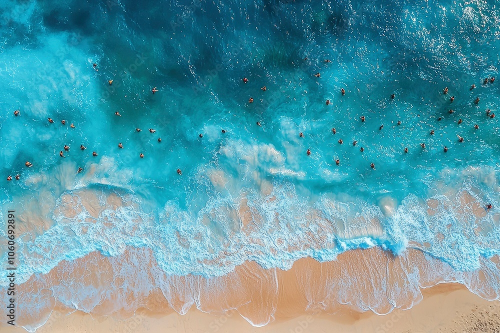 Aerial View of People Swimming in the Ocean with a Sandy Beach Shore Aerial View of People Swimming in the Ocean with a Sandy Beach Shore