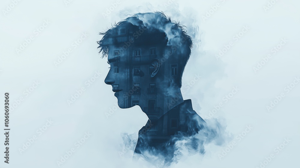 Double exposure of man silhouette with foggy urban landscape Double exposure of man silhouette with foggy urban landscape