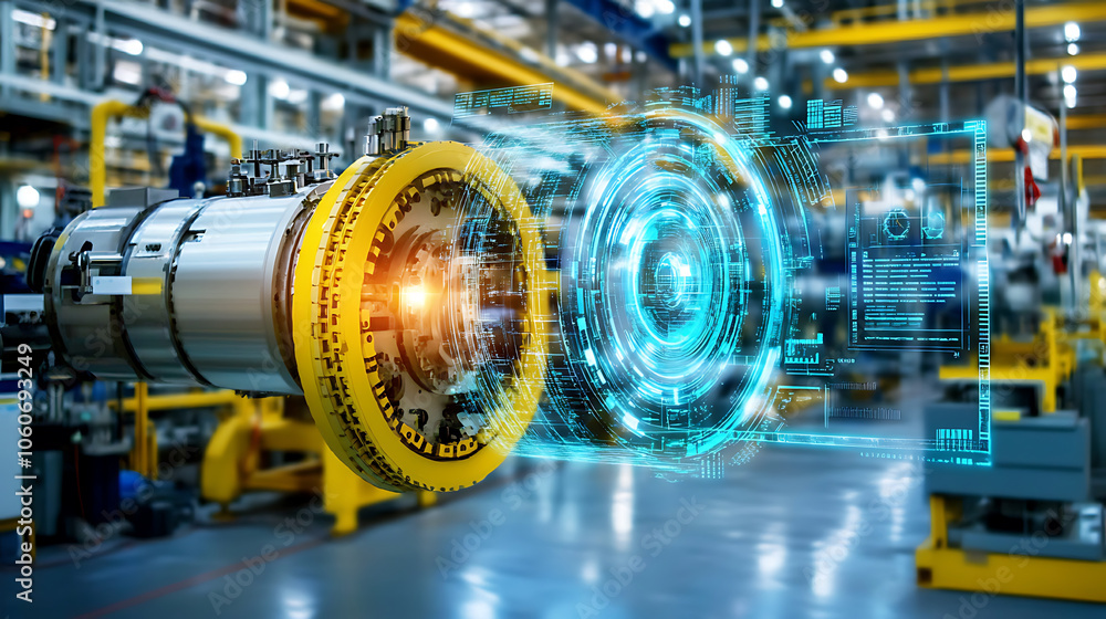 Engineer inspecting digital overlay of machine components in factory Engineer inspecting digital overlay of machine components in factory