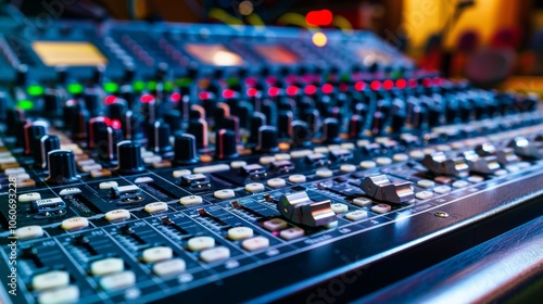 A large mixer with multiple s and buttons used for adjusting audio levels.