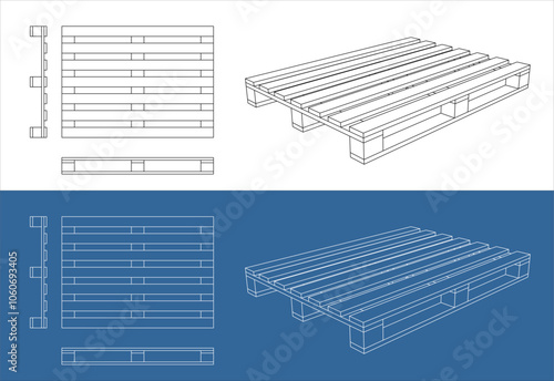 set Vector Wooden pallet technical drawing blueprint line illustration isolated on transparent background.