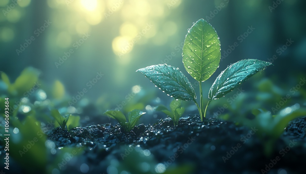 Artistic depiction of a young plant flourishing in sunlight, featuring a glistening dewdrop on its leaf, embodying the essence of growth and the beauty of the natural world Artistic depiction of a young plant flourishing in sunlight, featuring a glistening dewdrop on its leaf, embodying the essence of growth and the beauty of the natural world