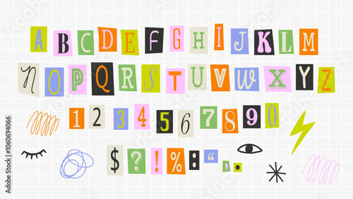 Collage font colorful cutout letters, cut pieces paper alphabet.Cuts from newspaper, anonymous message style. Vector set