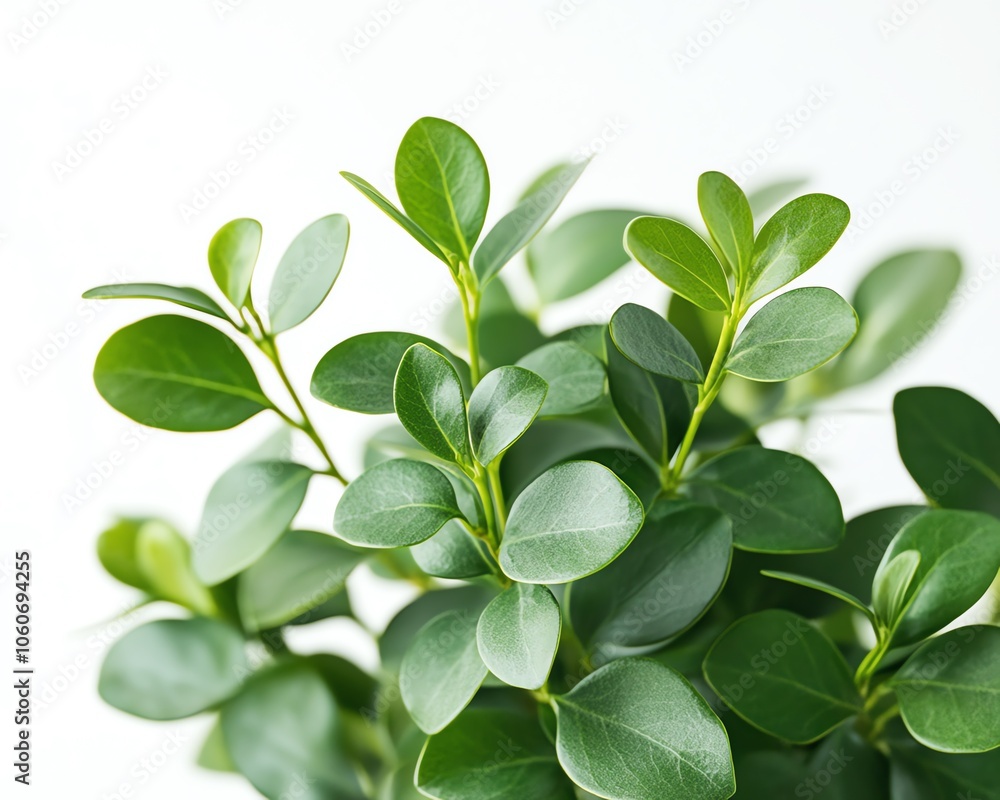 Dynamic image of lively boxwood leaves swirling gently in the air, contrasting beautifully with a bright white background, symbolizing freshness and organic vitality Dynamic image of lively boxwood leaves swirling gently in the air, contrasting beautifully with a bright white background, symbolizing freshness and organic vitality