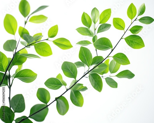 Dynamic image of lively boxwood leaves swirling gently in the air, contrasting beautifully with a bright white background, symbolizing freshness and organic vitality