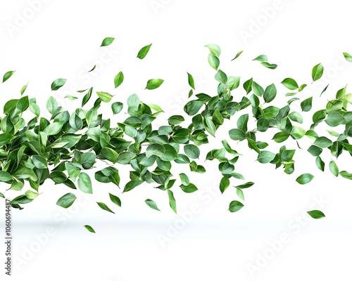 Graphic depicting a cascade of green boxwood leaves in motion, isolated on a clean white background, capturing the essence of vitality and the beauty of nature