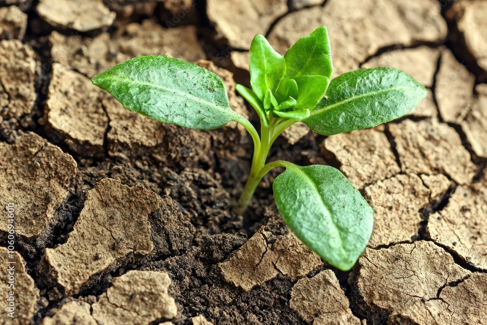 A Single Green Sprout Emerging from Cracked Dry Earth A Single Green Sprout Emerging from Cracked Dry Earth