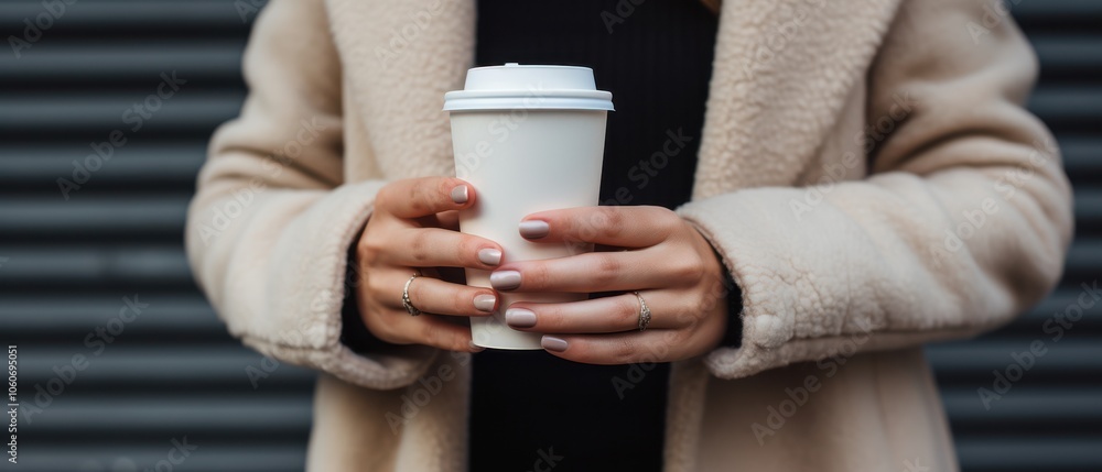 Elegant hands hold a cozy to-go coffee cup against a blurred urban backdrop, capturing a moment of warmth and style. Elegant hands hold a cozy to-go coffee cup against a blurred urban backdrop, capturing a moment of warmth and style.