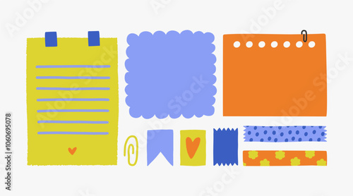 Vector cute illustration of a set of notes,  stickers, paper blanks with place for text. Hand drawn collection for reminders, to do list, planner, schedule.