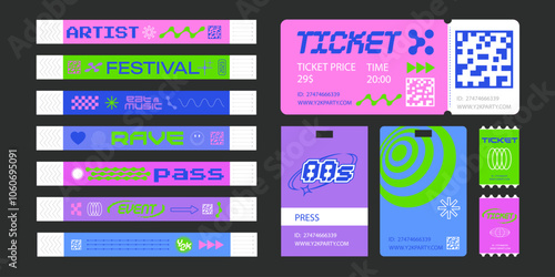 Event ticket for party. Bracelet control design for dances, music festivals. Sticky wristbands pass in Y2K style.
