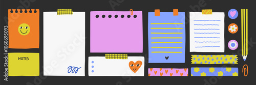 Vector cute illustration of a set of notes,  stickers, paper blanks with place for text. Hand drawn collection for reminders, to do list, planner, schedule.