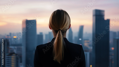 successful female entrepreneur gazes at city skyline during sunset, reflecting on her achievements and future goals. urban landscape showcases modern architecture and vibrant atmosphere