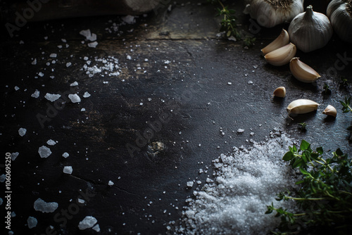 Bunch of garlic and garlic cloves on black surface. photo