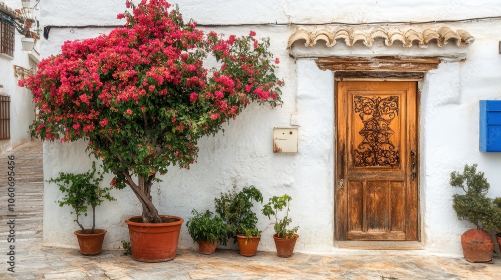 Naklejka premium Enchanting Mediterranean Courtyard with Vibrant Bougainvillea