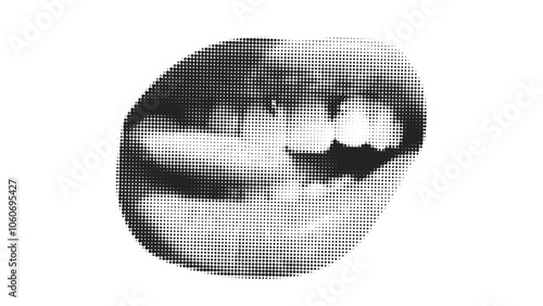 Contemporary art collage with female open mouth. Female halftone lips with tongue and piercing. Creative collage in Y2K style for social media, card, print on clothes.