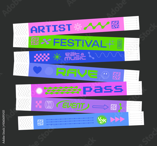 Event ticket for party. Bracelet control design for dances, music festivals. Sticky wristbands pass in Y2K style.