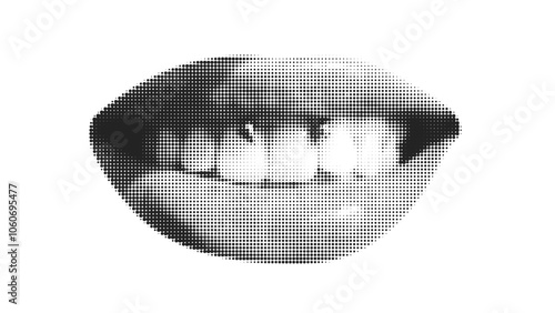 Contemporary art collage with female open mouth. Female halftone lips with tongue and piercing. Creative collage in Y2K style for social media, card, print on clothes.