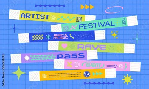 Event ticket for party. Bracelet control design for dances, music festivals. Sticky wristbands pass in Y2K style.
