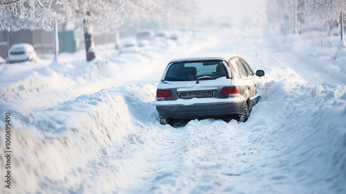Car stuck in a snowbank on a winter road with trees covered in snow in a quiet, cold landscape